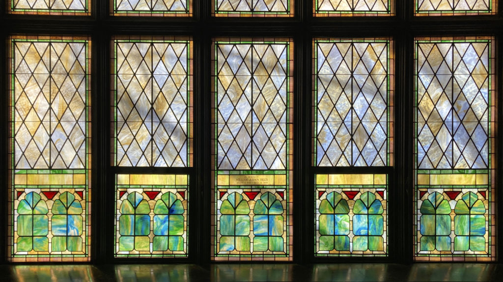 Stained glass windows inside Allegheny Unitarian Universalist Church