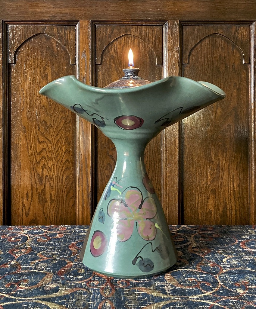 Green ceramic chalice with flowers inside Allegheny Unitarian Universalist Church