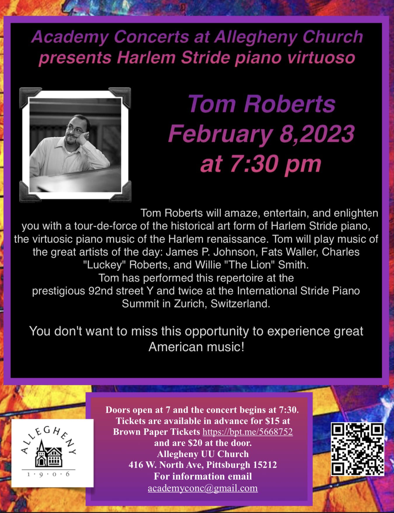 Academy Concerts poster promoting Tom Roberts concert February 8, 2023 Allegheny UU Church