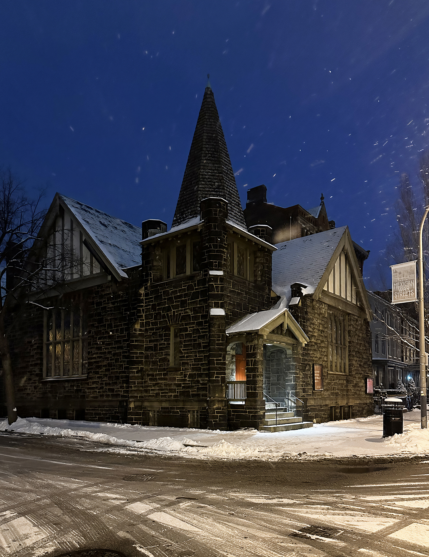 Allegheny UU Church on a snowy night